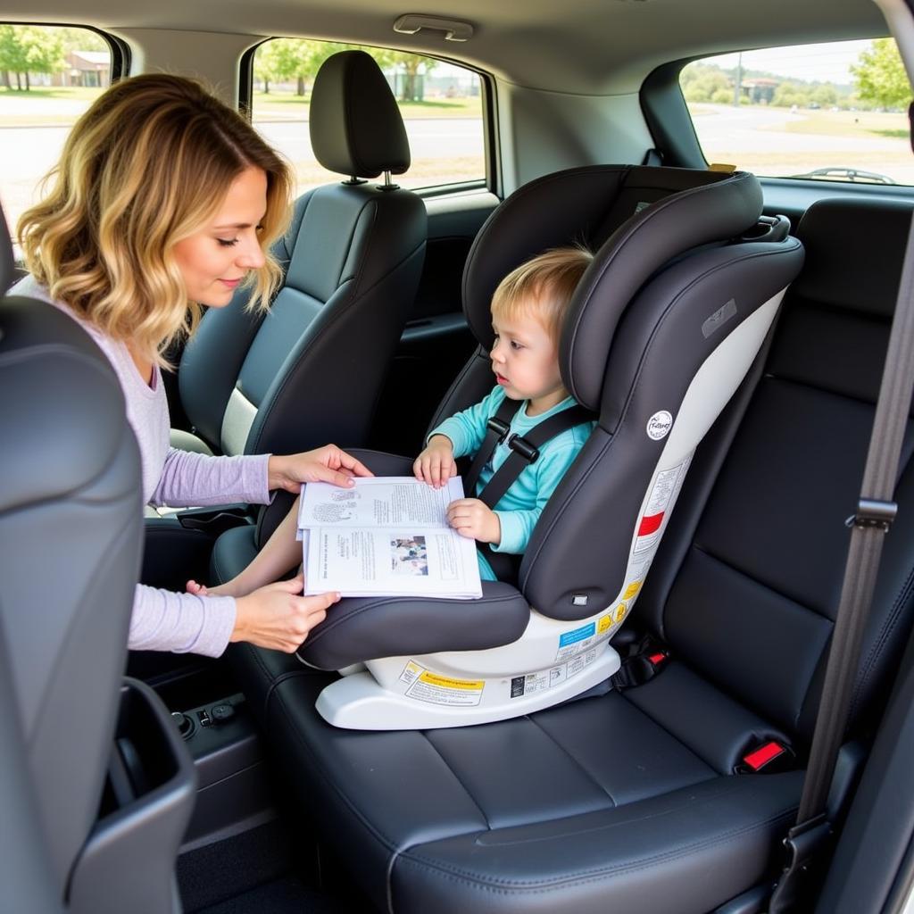 Parent installing a car seat in a car