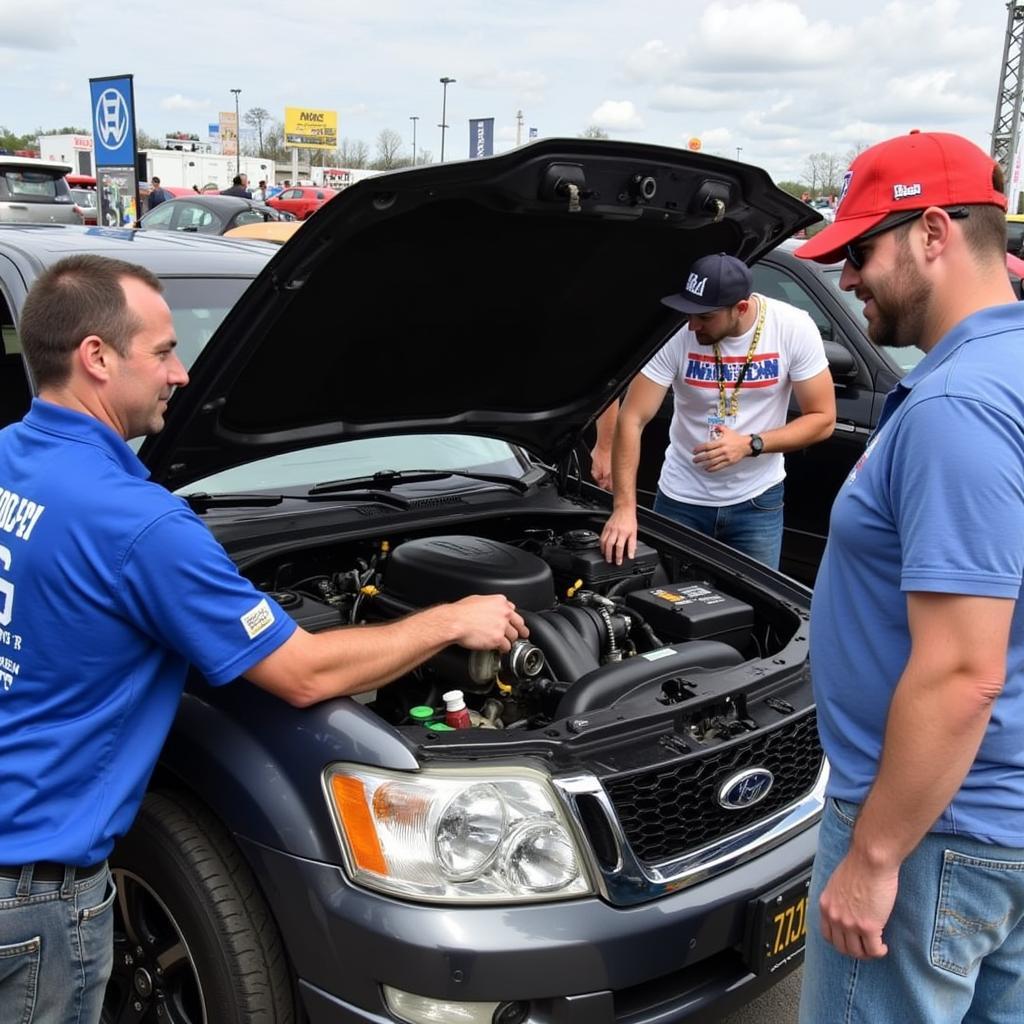 Car Show Attendees Examining a Car Engine