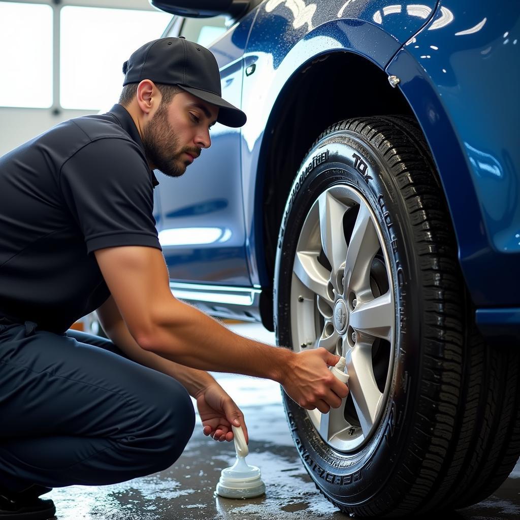 Car Wash Attendant Applying Tire Shine