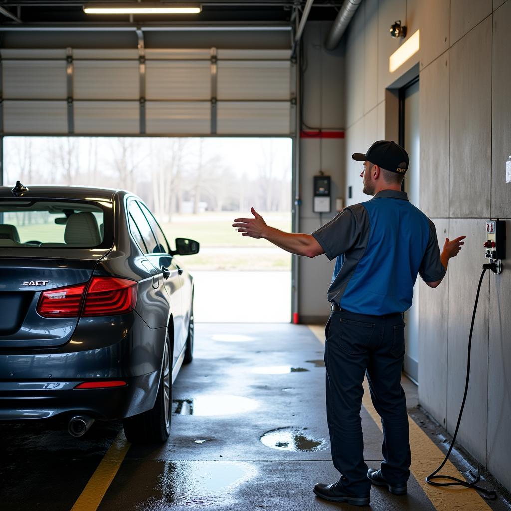 Car wash attendant guiding a driver into the wash bay