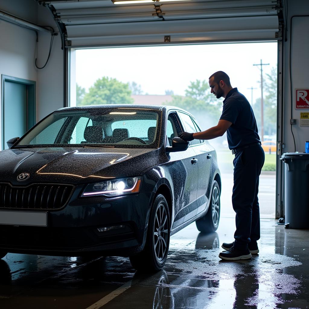 Car Wash Attendant Inspecting Vehicle Before Automated Wash