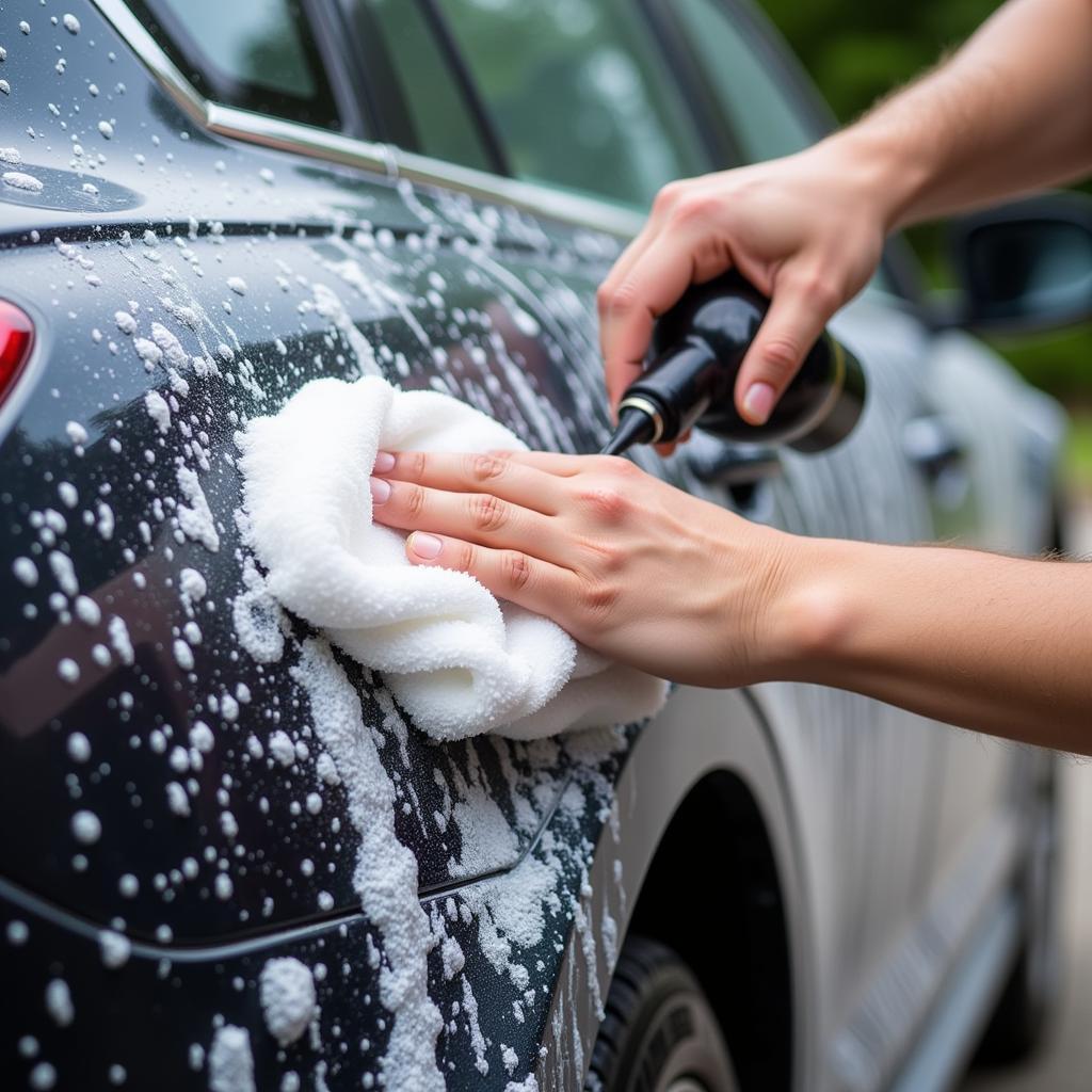 Applying car wax after a bubbles car wash