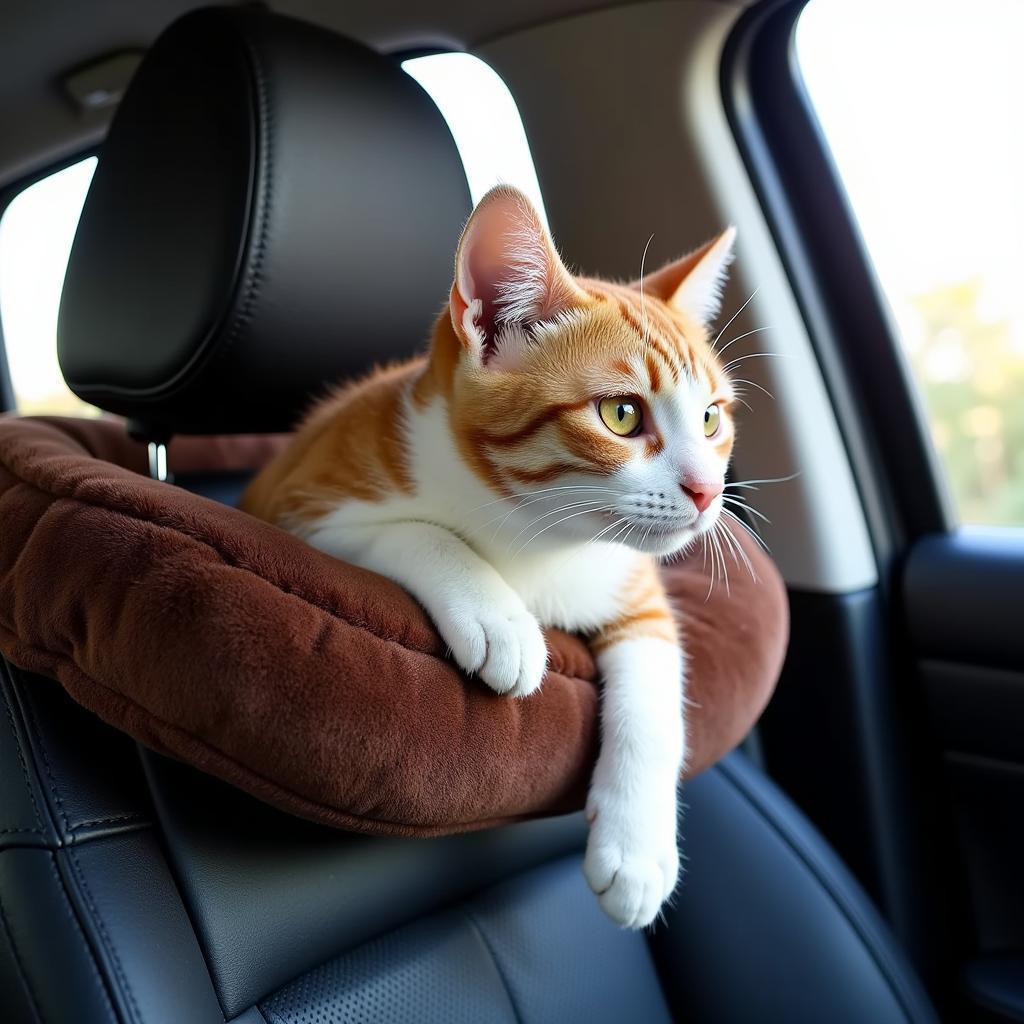 Cat comfortably resting on a car headrest pillow during a road trip.