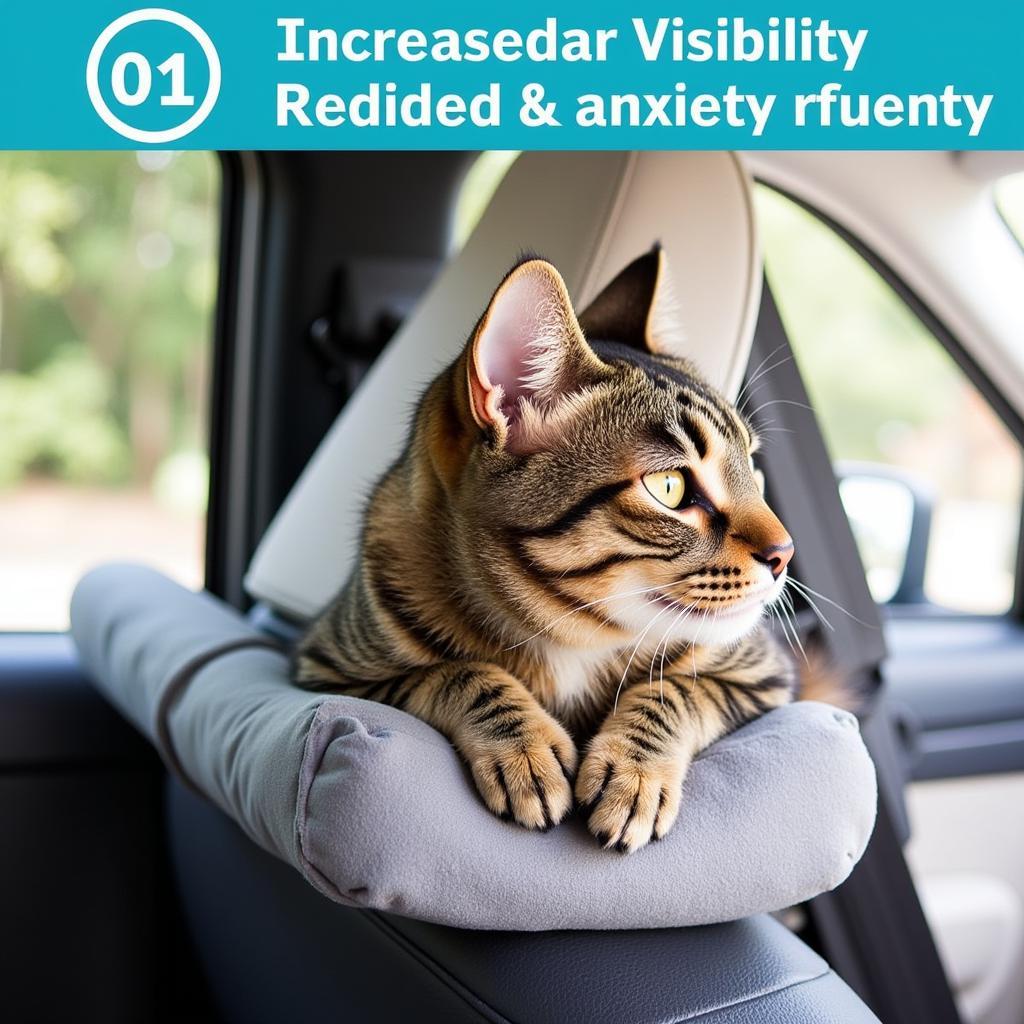 A cat perched on a headrest pillow, enjoying the view from the car window.