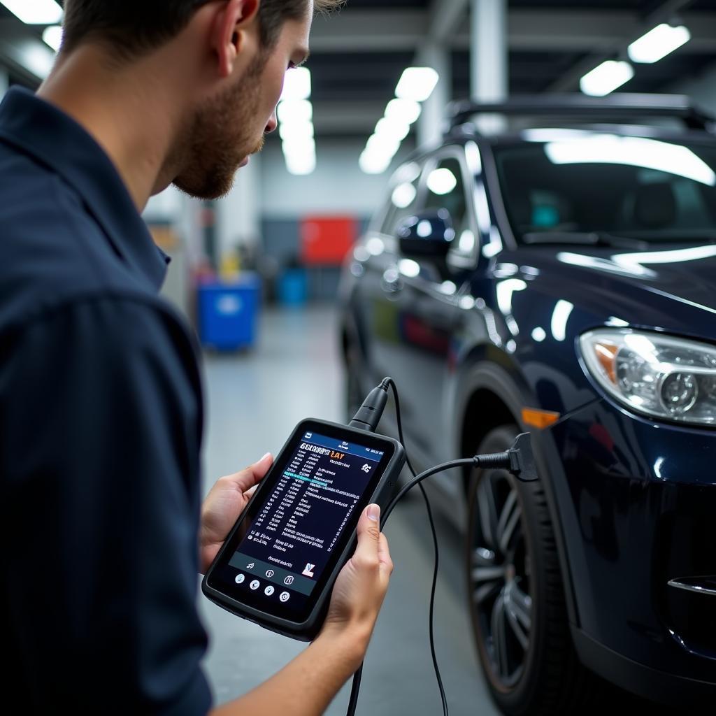 Certified Technician Performing 24/7 Car Diagnostics with a Scanner