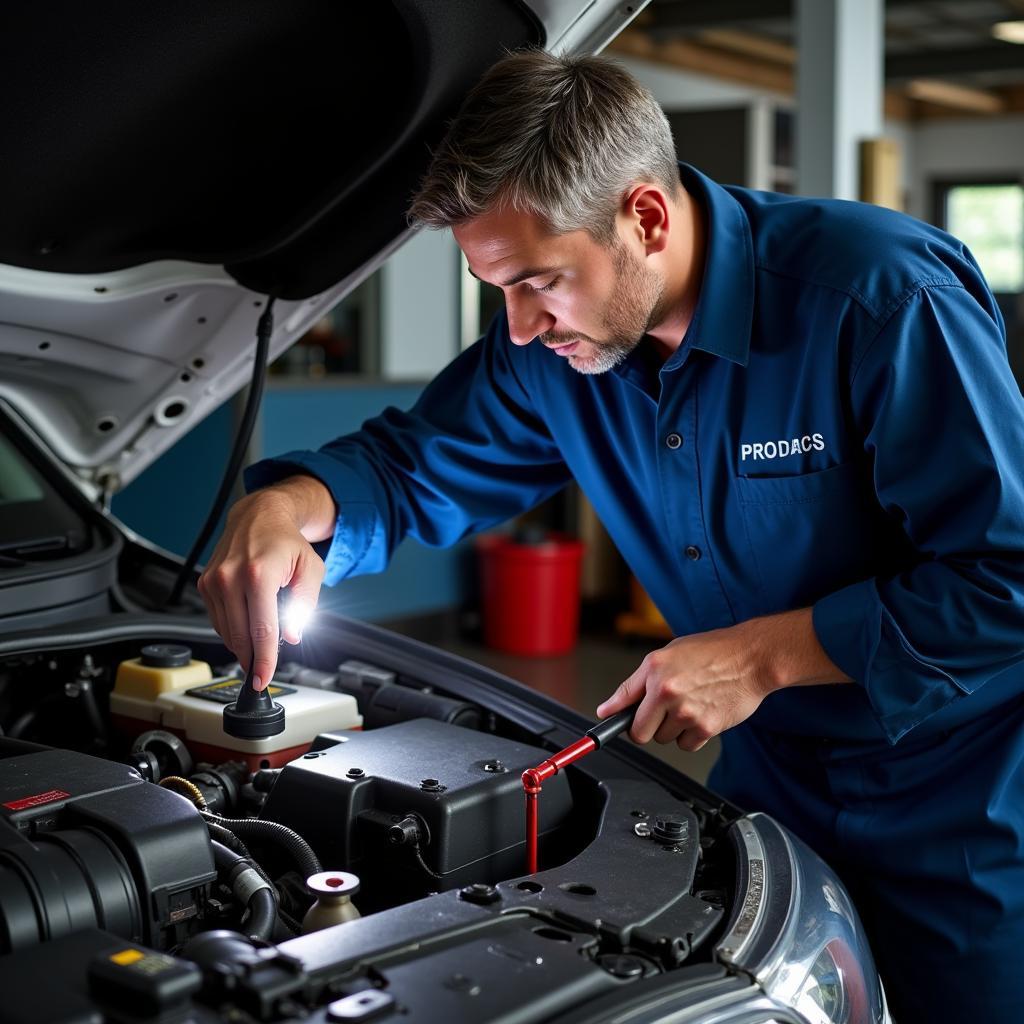 Mechanic inspecting a used car for potential issues