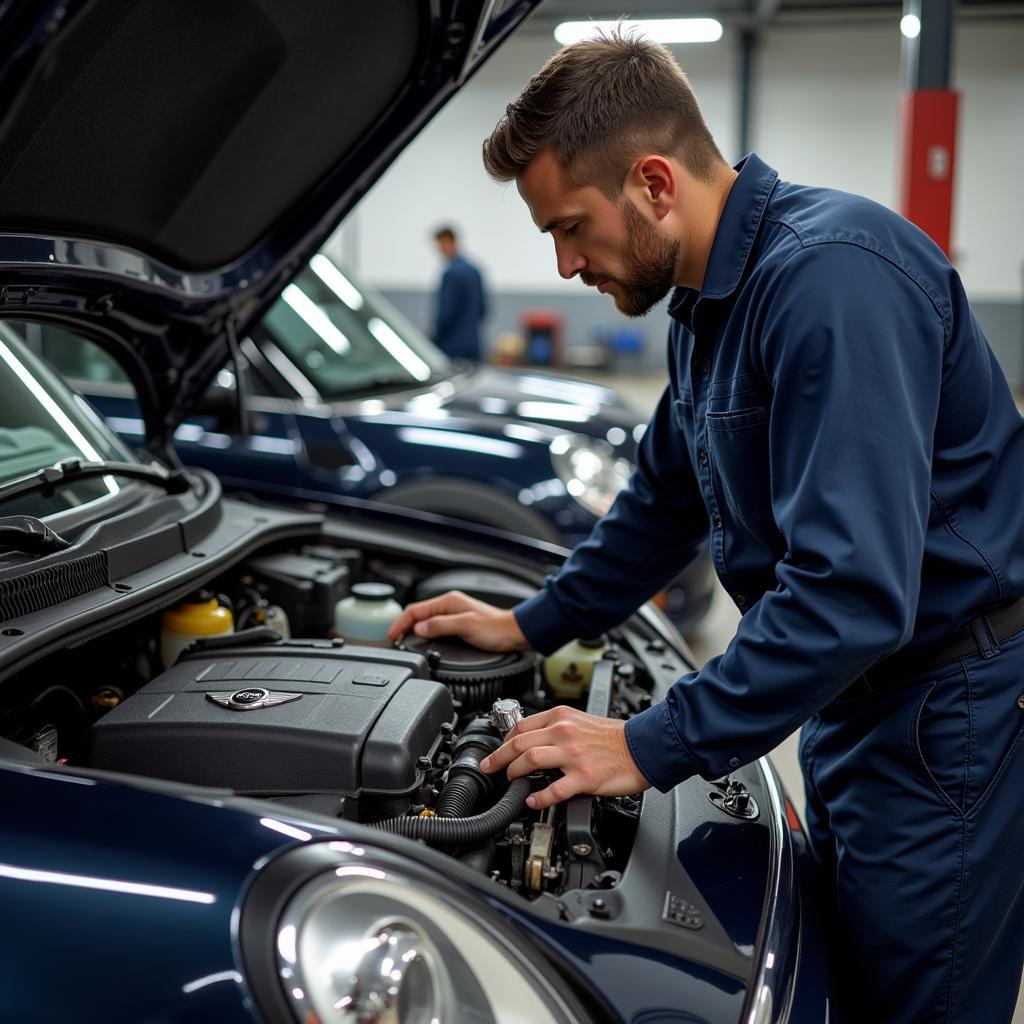 Inspecting the engine of a mini car is crucial before making a purchase. This image shows a mechanic checking the engine components for any potential issues.