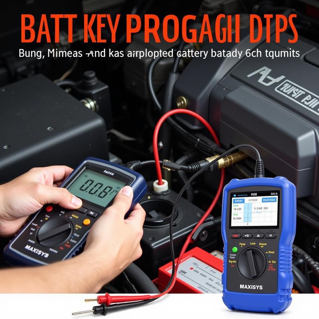 Technician checking vehicle battery voltage with a multimeter while attempting key programming with an Autel Maxisys.