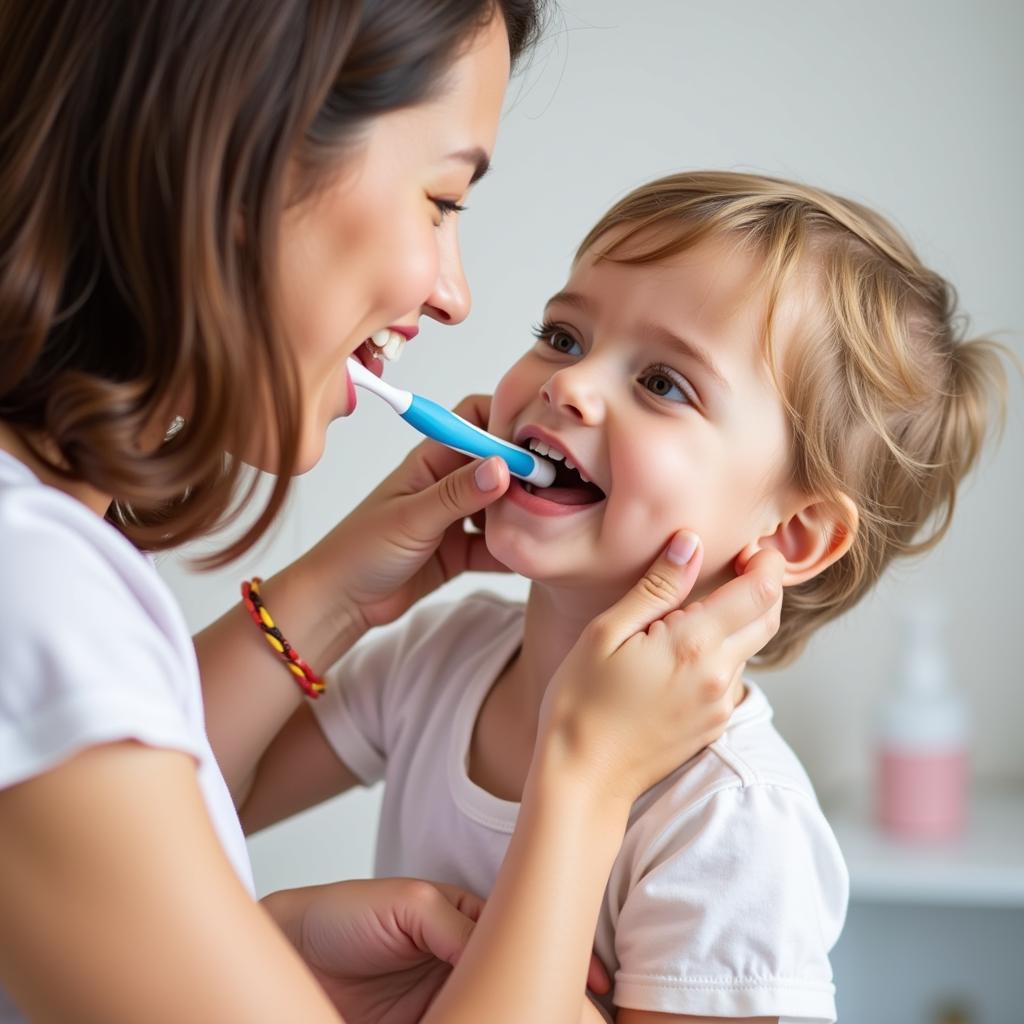 Child Learning to Brush Teeth: A young child learning to brush their teeth with the guidance of a parent.