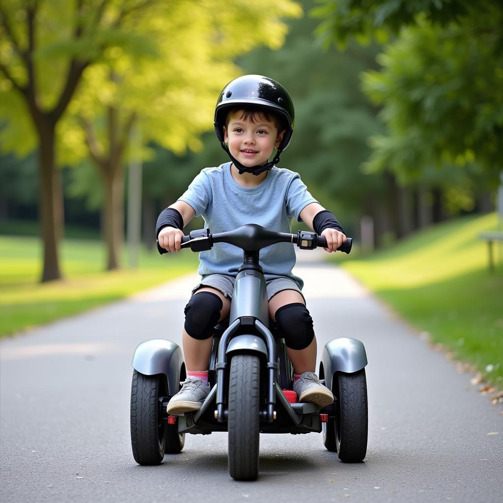 Child wearing safety gear riding a plasma car in a safe environment.