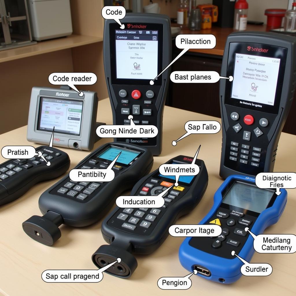 Various diagnostic scanners displayed on a table with different features highlighted.