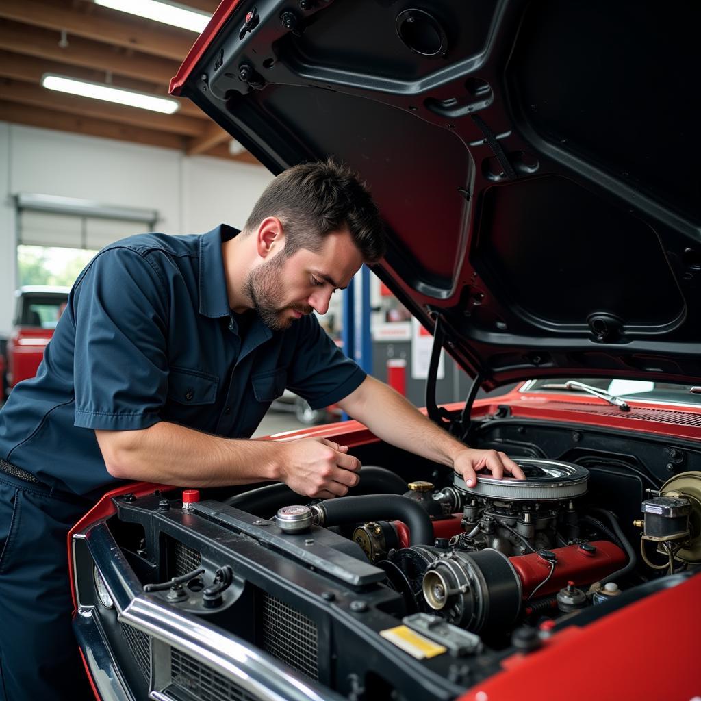 A mechanic inspecting the engine of a classic car