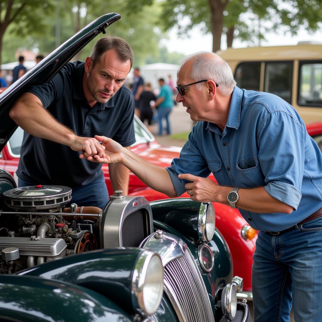 Classic car owner showing his car to a potential buyer