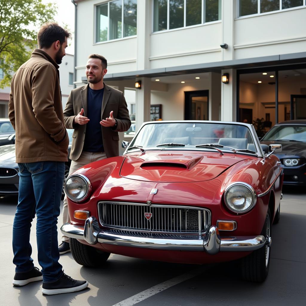 Two people negotiating the price of a classic car