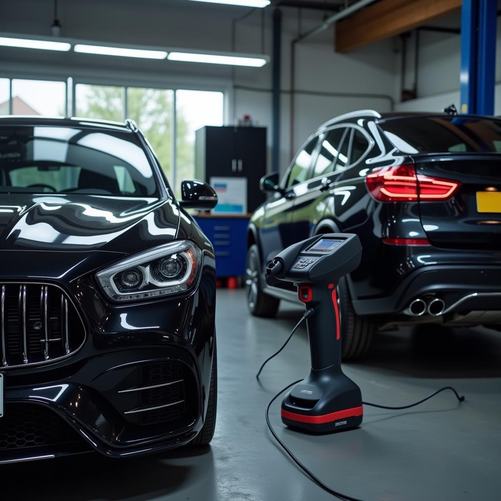 Cobb Luxury Car Undergoing Maintenance with Dealer Scanner