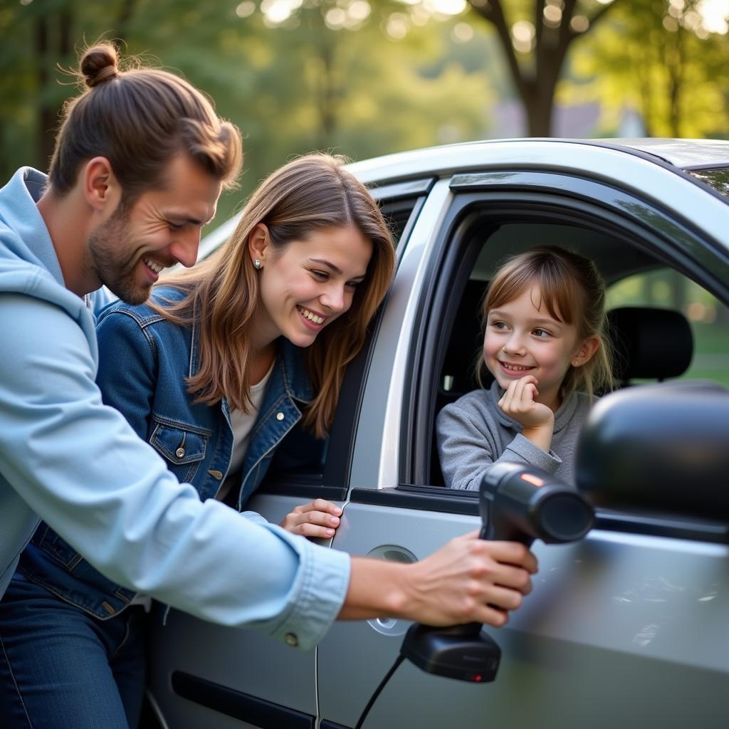 Family using a diagnostic scanner on their car in College Park