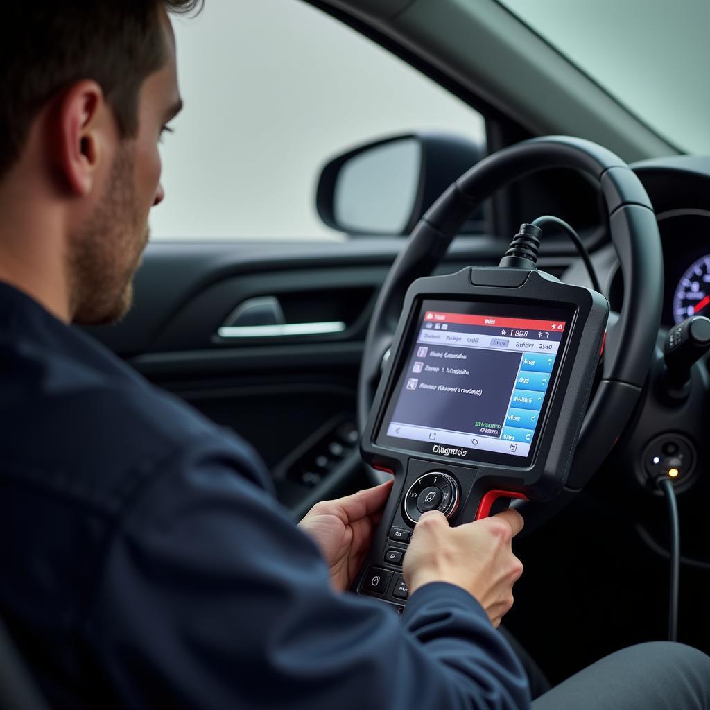 Technician using a dealer scanner to diagnose a vehicle.