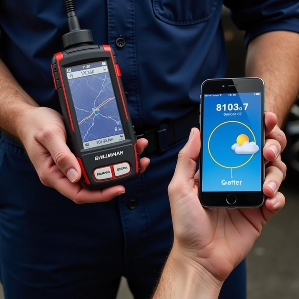 Mechanic Comparing Scan Tool Barometric Pressure Readings with Weather App