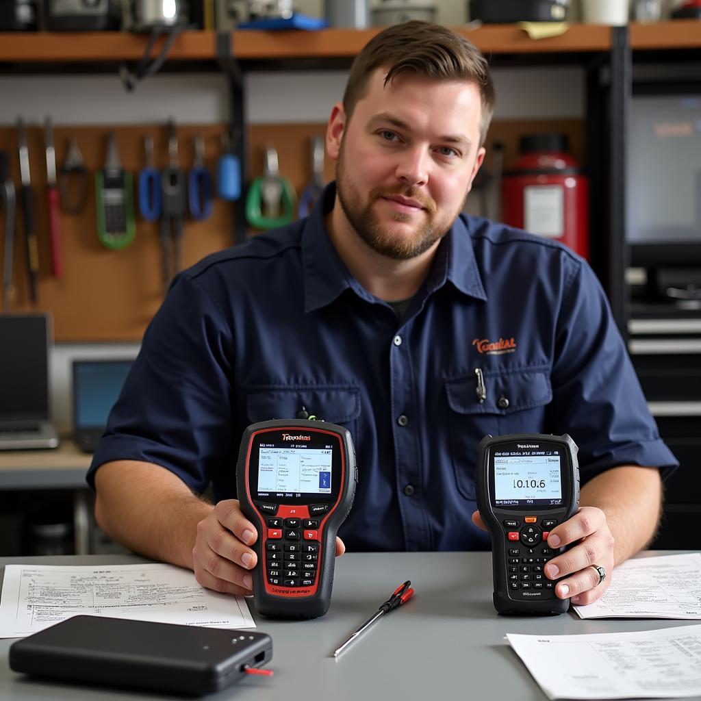 Mechanic Comparing Different Dealer Scanners