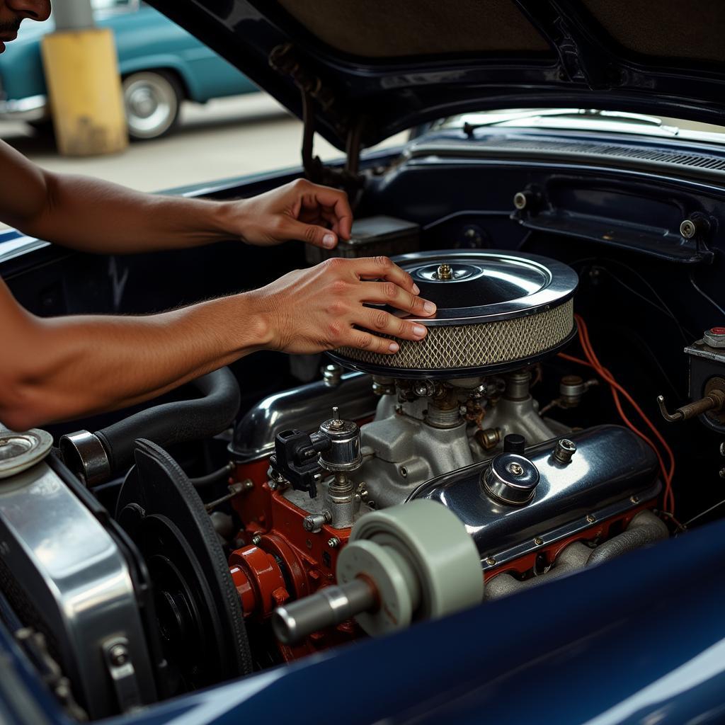 Cuban Car Mechanic Working on Engine