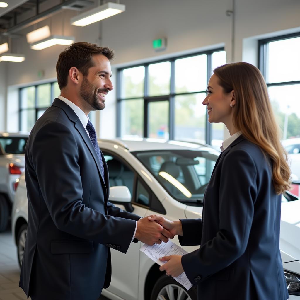 Customer Service at Wichita Car Dealership - A friendly sales representative assists a customer in the showroom.