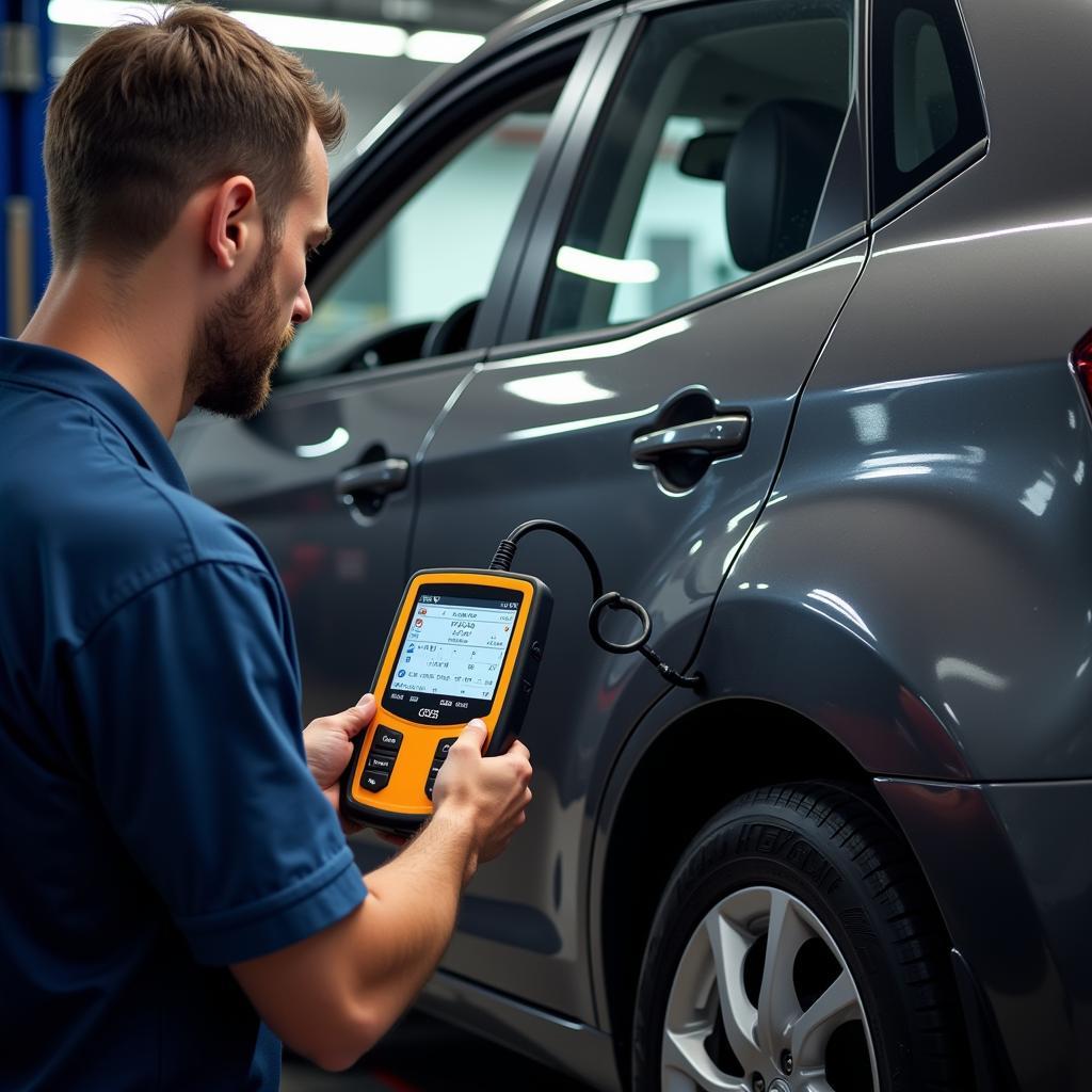 Dealer-Level Scanner Diagnosing Car at Workshop