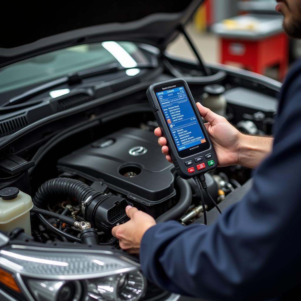 Dealer-level scanner diagnosing a car's engine