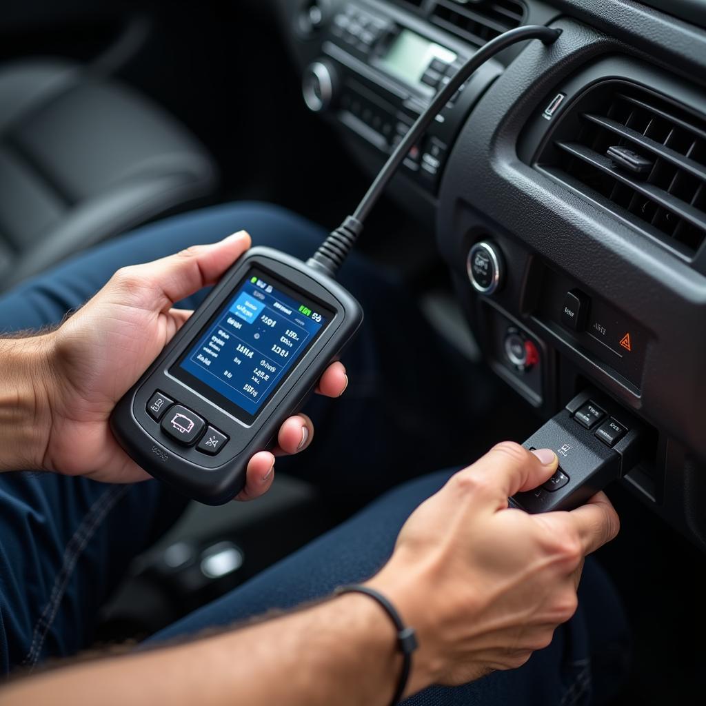 Technician using a dealer scanner to diagnose a car engine