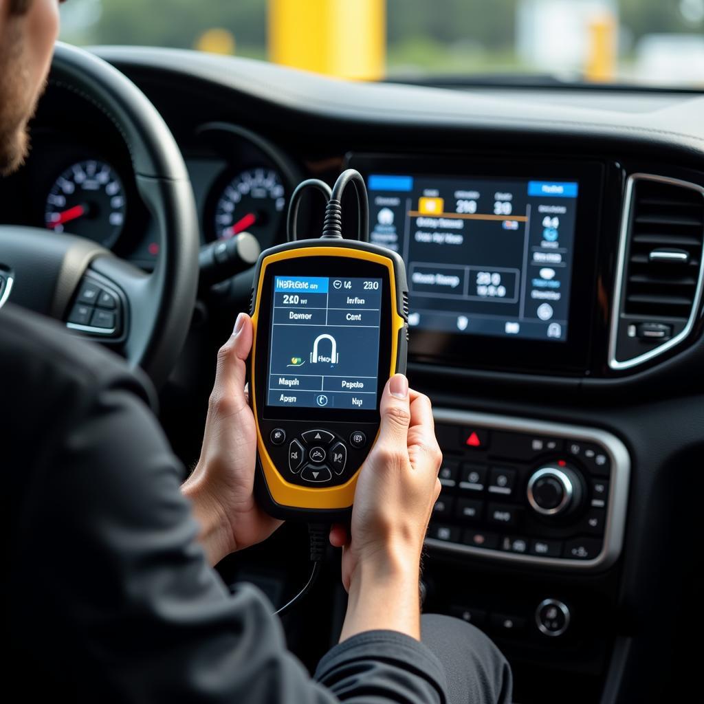 Technician Using a Dealer Scanner on a Hertz Rental Car