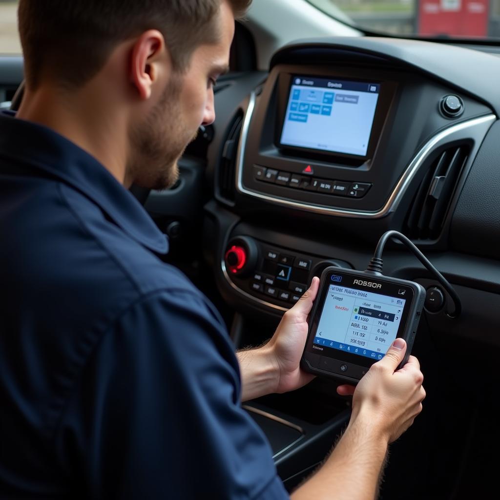 Mechanic using a dealer scanner