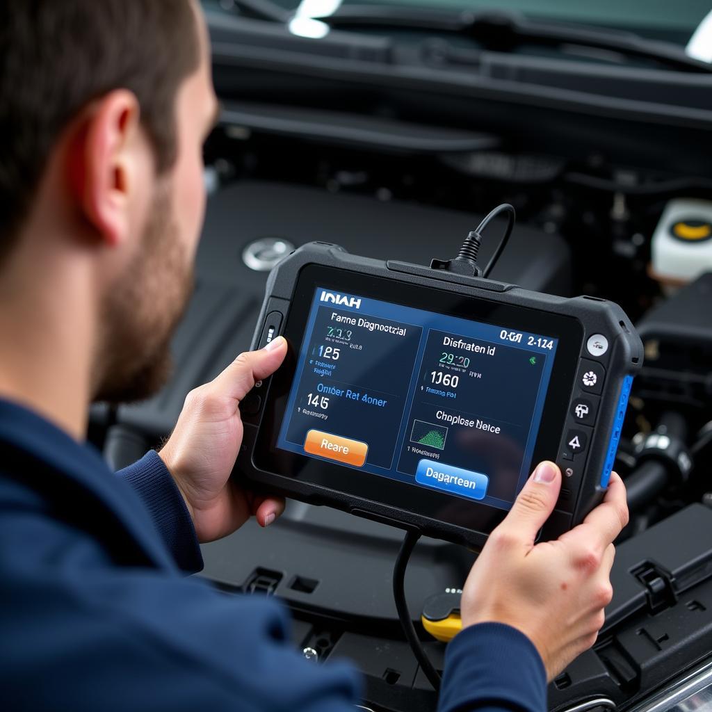 Technician using a dealer scanner to diagnose a car's electrical system