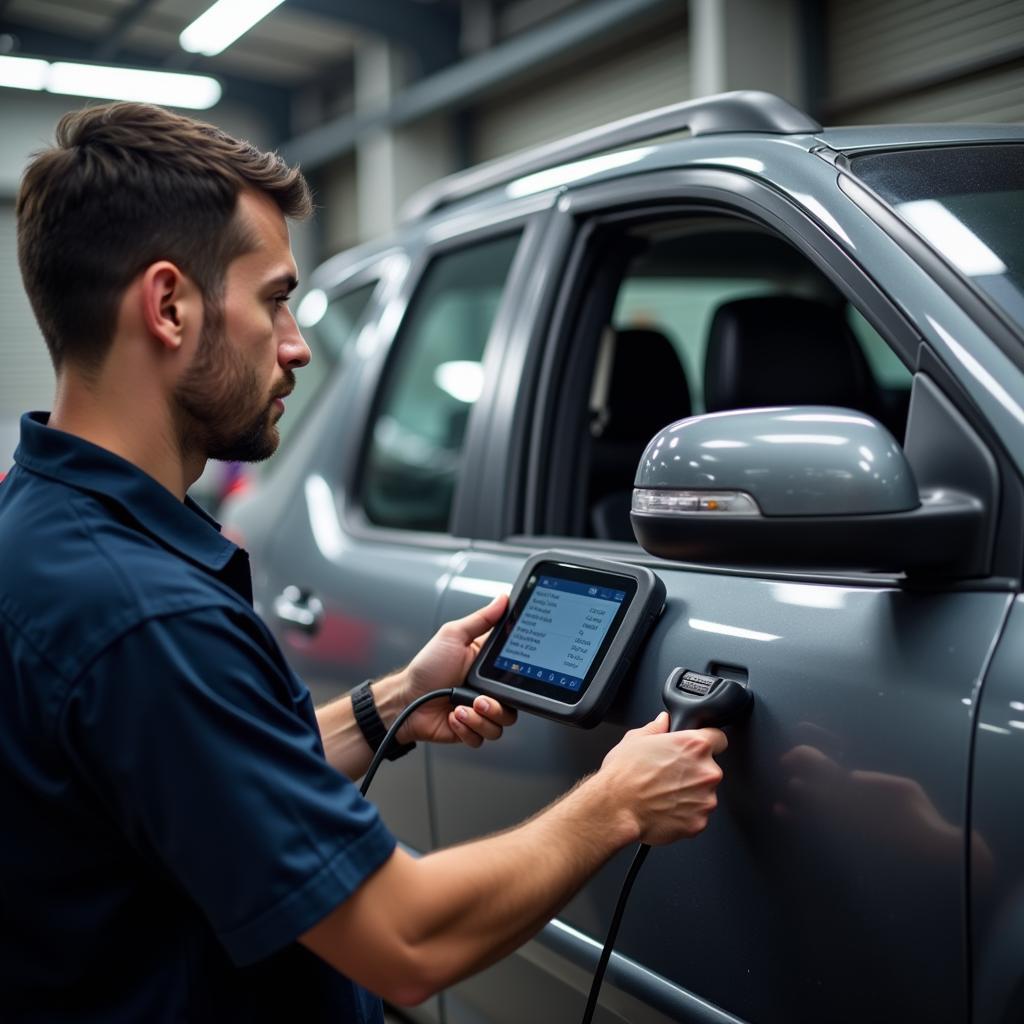 Mechanic Using a Dealer Scanner on a Car for Sale