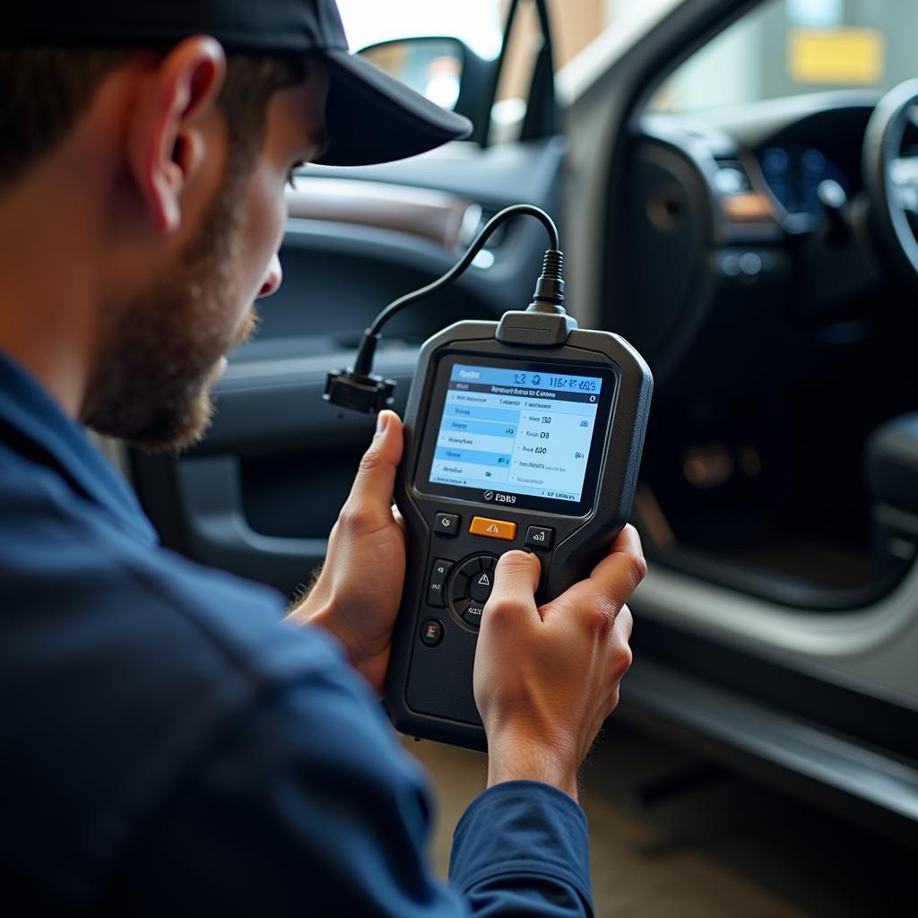 Mechanic using a dealer scanner