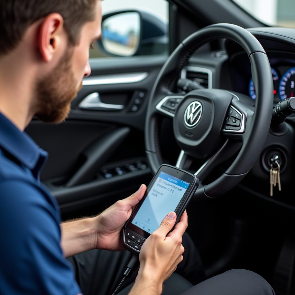 Technician Performing a Software Update with a Dealer Scanner