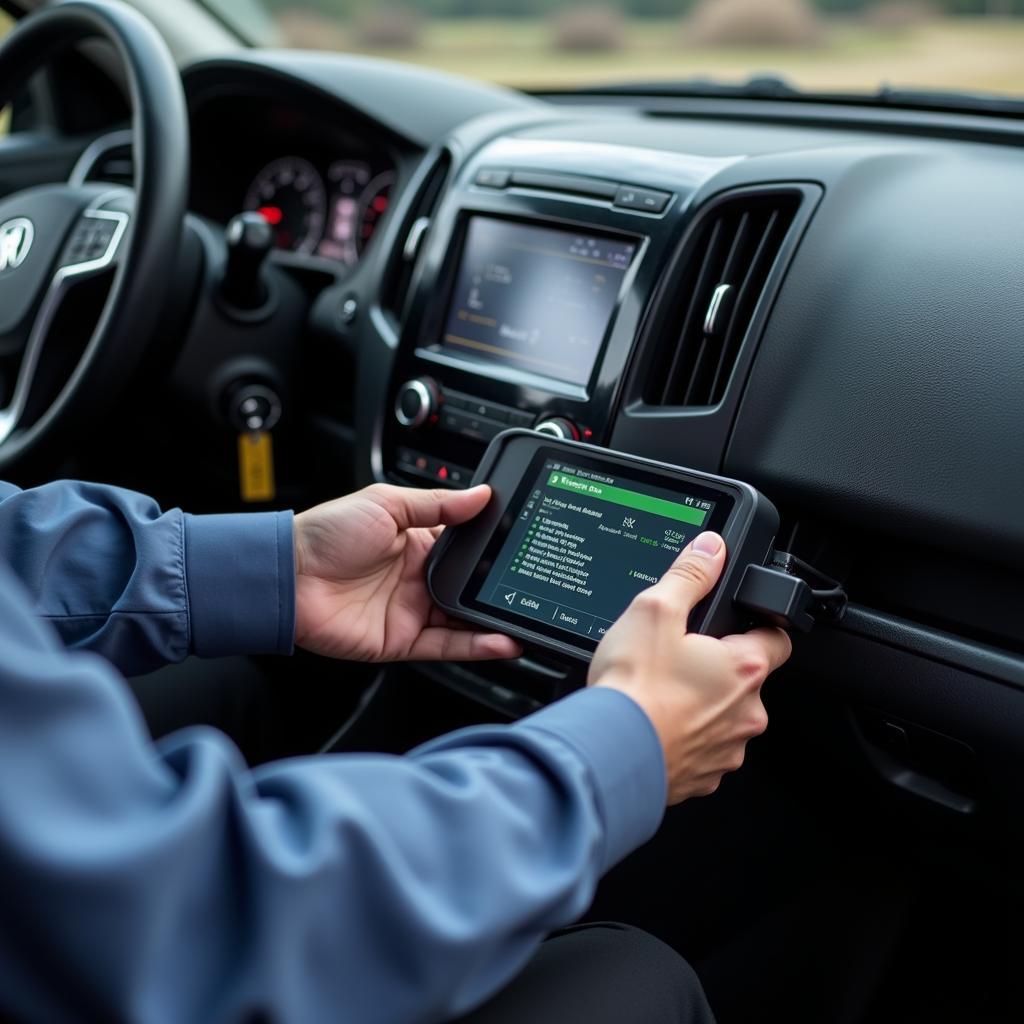 Technician Using Dealer Scanner on Totaled Car