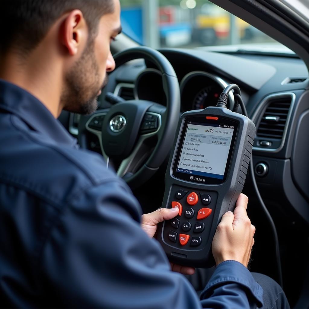 Dealer Technician Using Scanner to Diagnose Car Problems