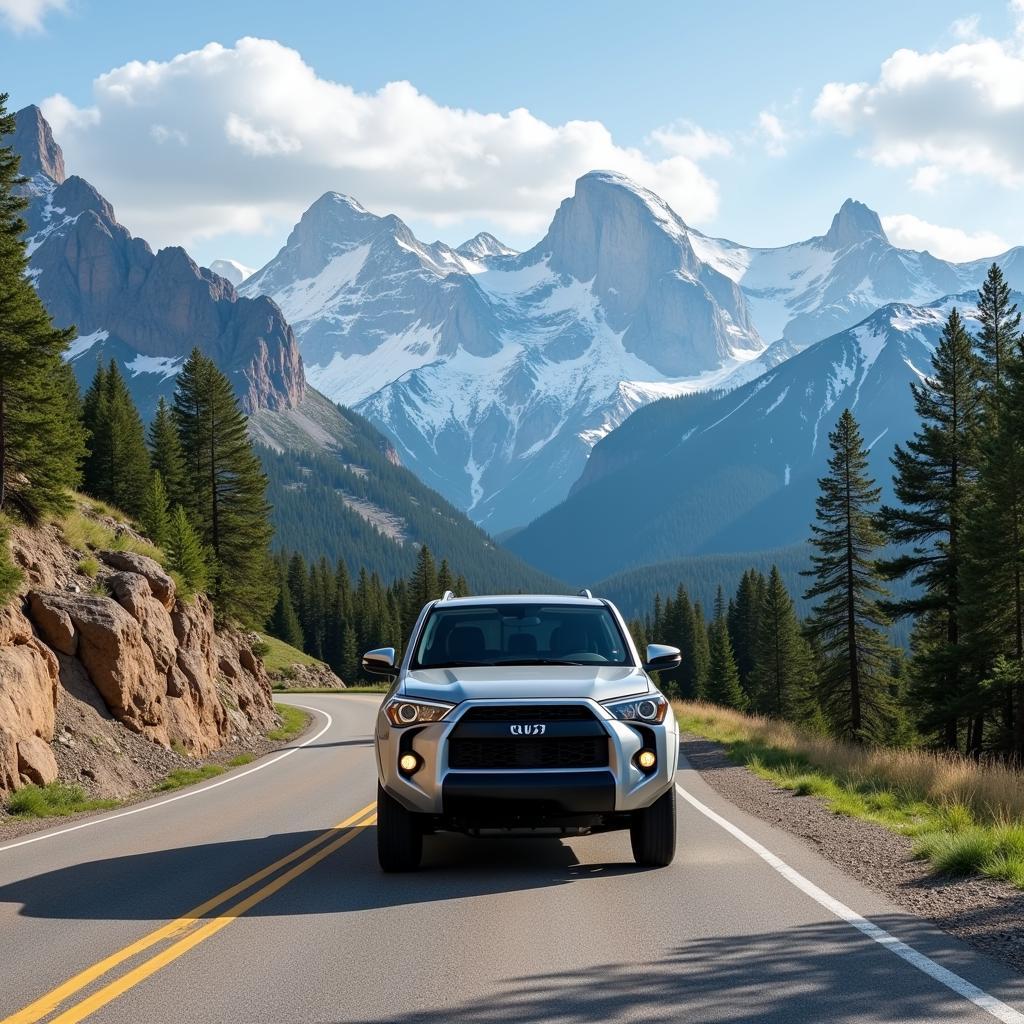 Denver Mountain Road Rental Car: An SUV driving on a scenic mountain road near Denver.