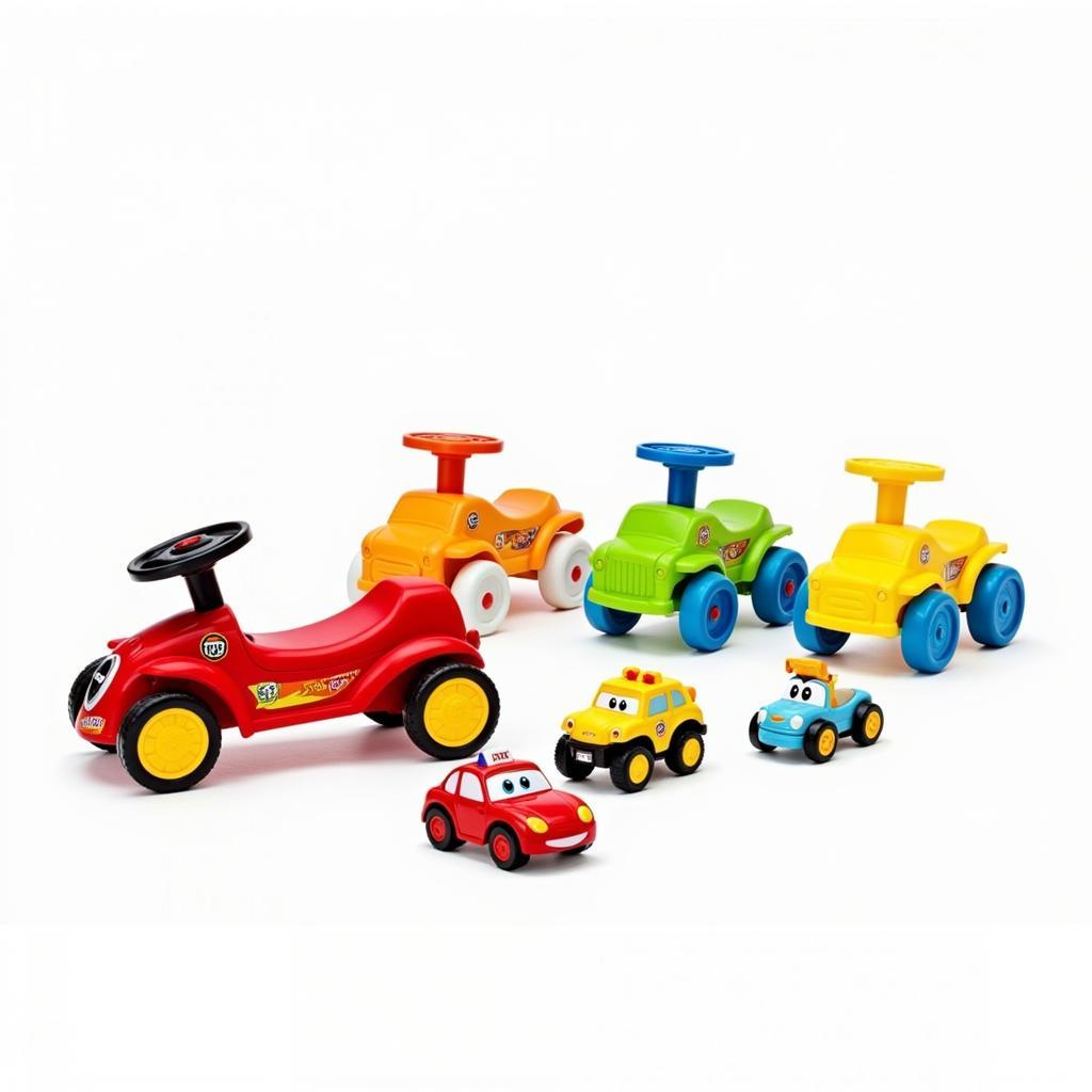 A variety of toddler toy cars, including push-along cars, ride-on cars, and character cars.