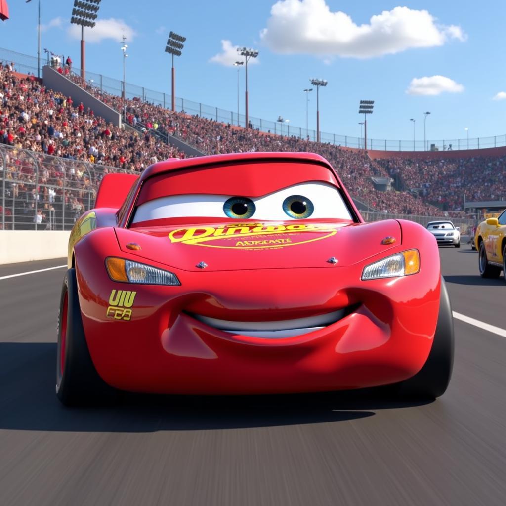 Lightning McQueen racing with the Dinoco logo