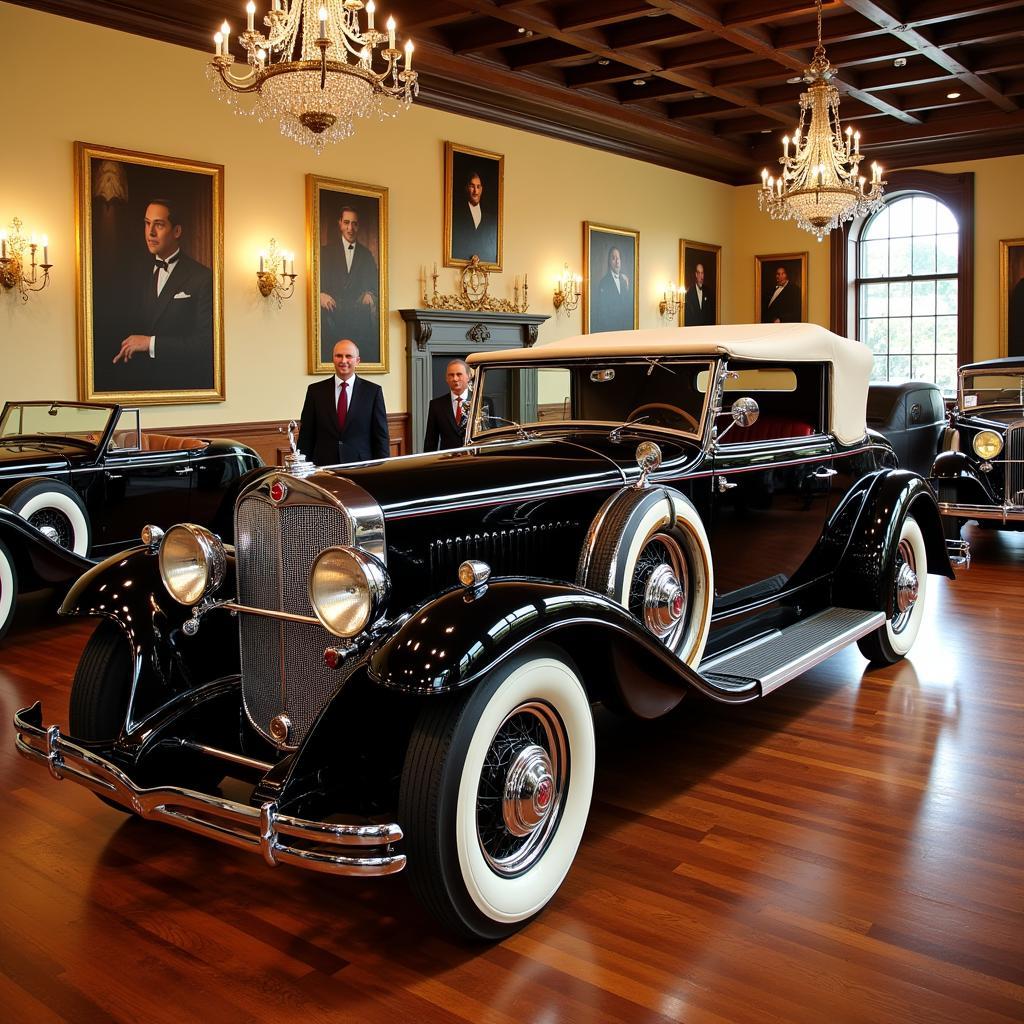 A vintage Duesenberg showroom displaying various models, emphasizing the brand's prestige and exclusivity.