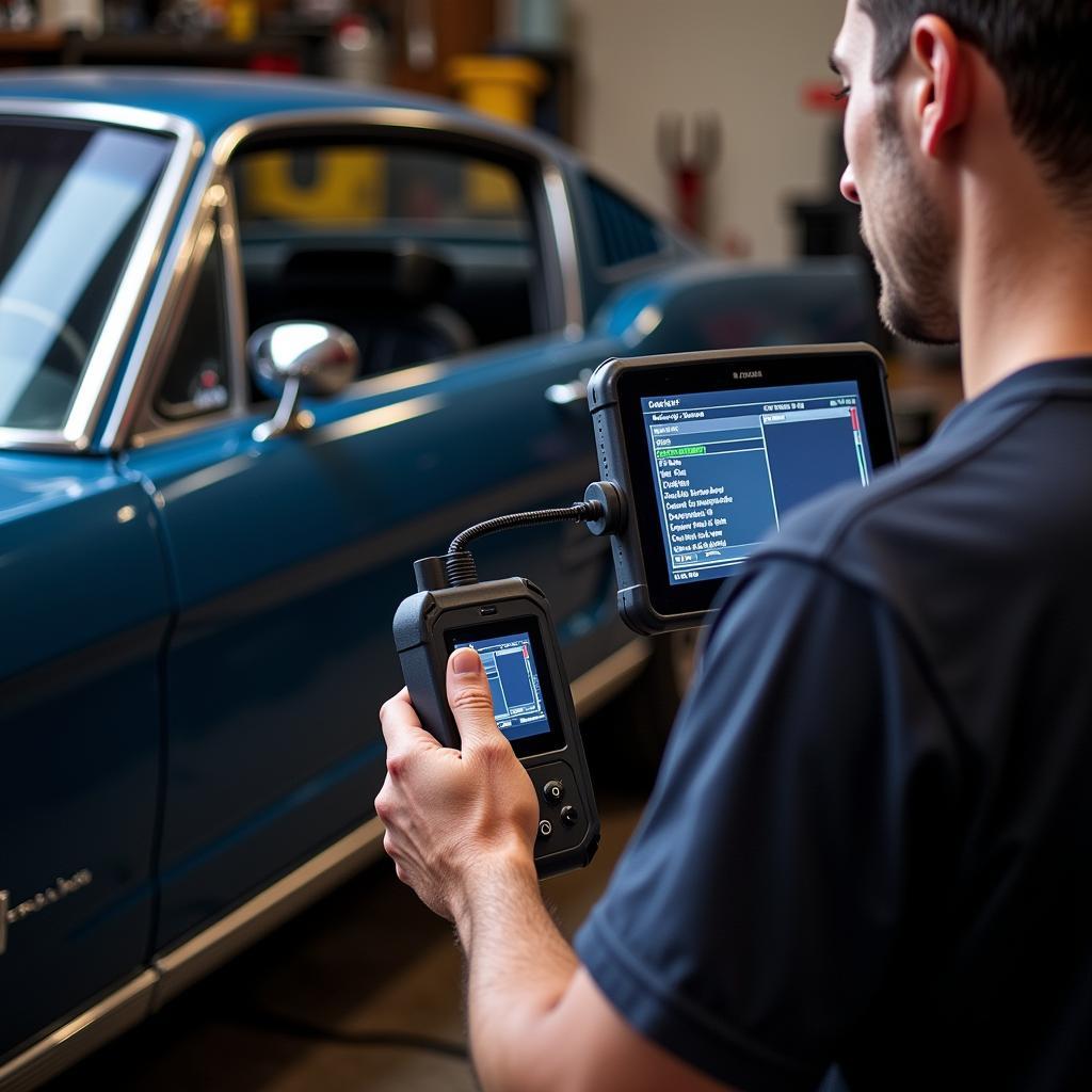 Duncan classic car undergoing a diagnostic scan with a dealer scanner