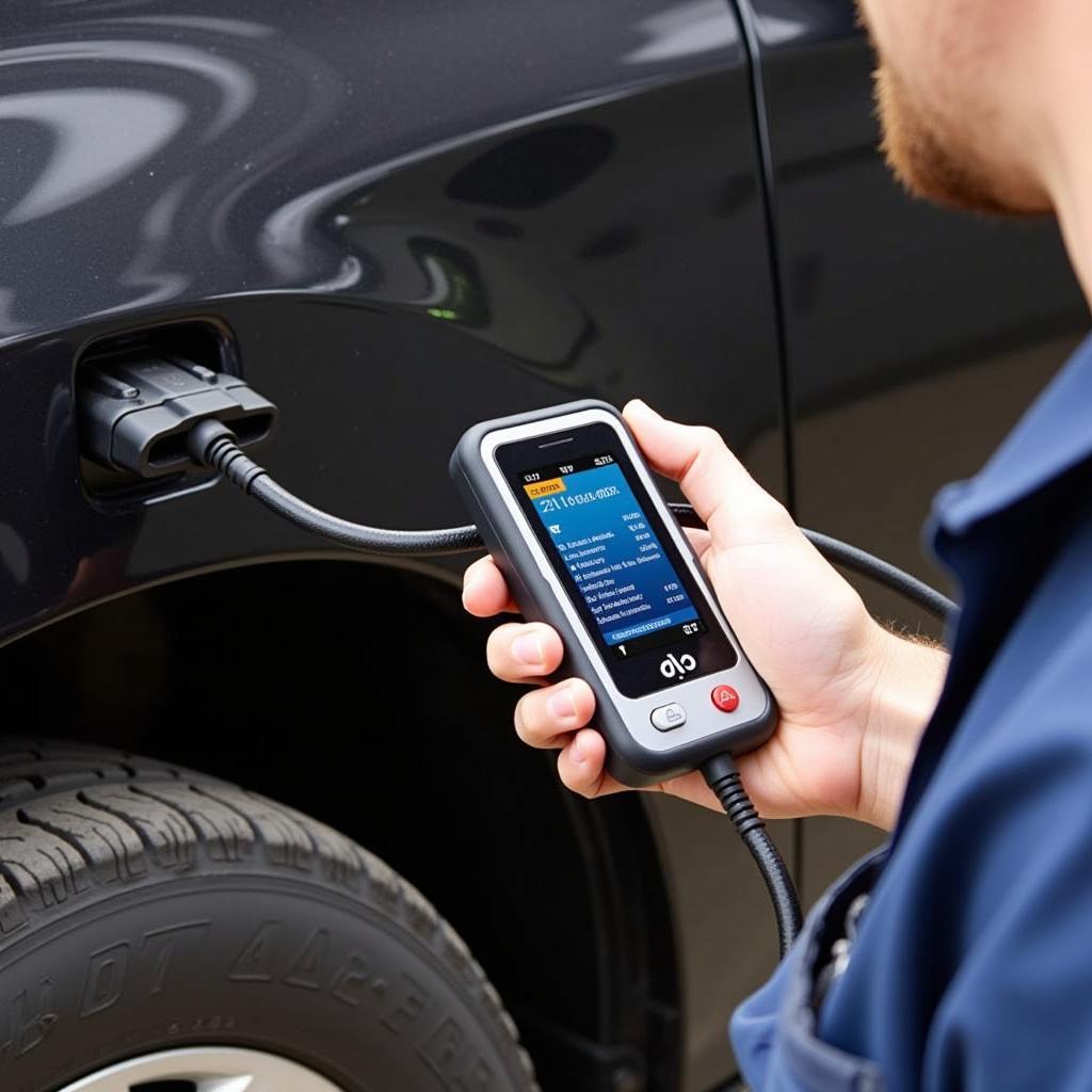 Mechanic using a dx fix tool scan on a vehicle