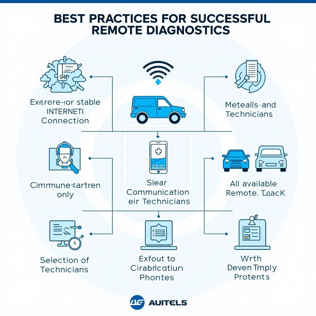 Infographic showcasing tips for effective remote diagnostics using Autel remote support link, emphasizing clear communication, stable internet, and feature utilization.