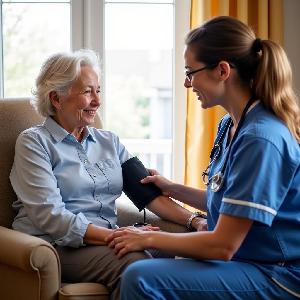 Senior woman receiving medical assistance from a registered nurse at home