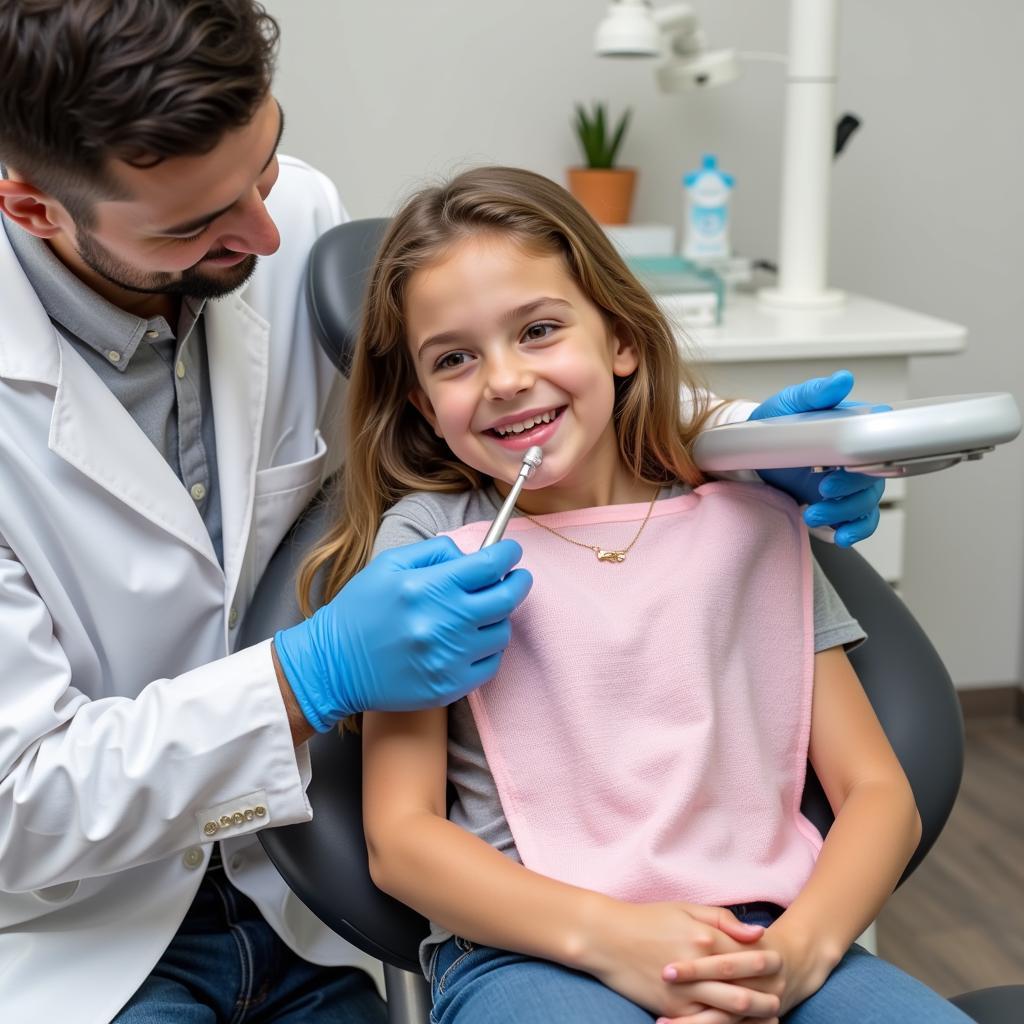 Family Dental Checkup: A parent and child receiving dental checkups at the same time.