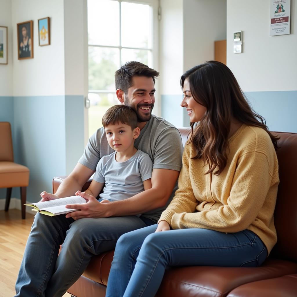 A family waiting patiently in the waiting area of an urgent care clinic.