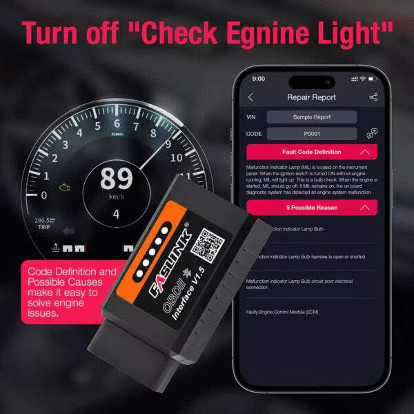 FASLINK X1 Bluetooth v1.5 OBDII Scanner for IOS & Android Adapter Code Reader - Image 2