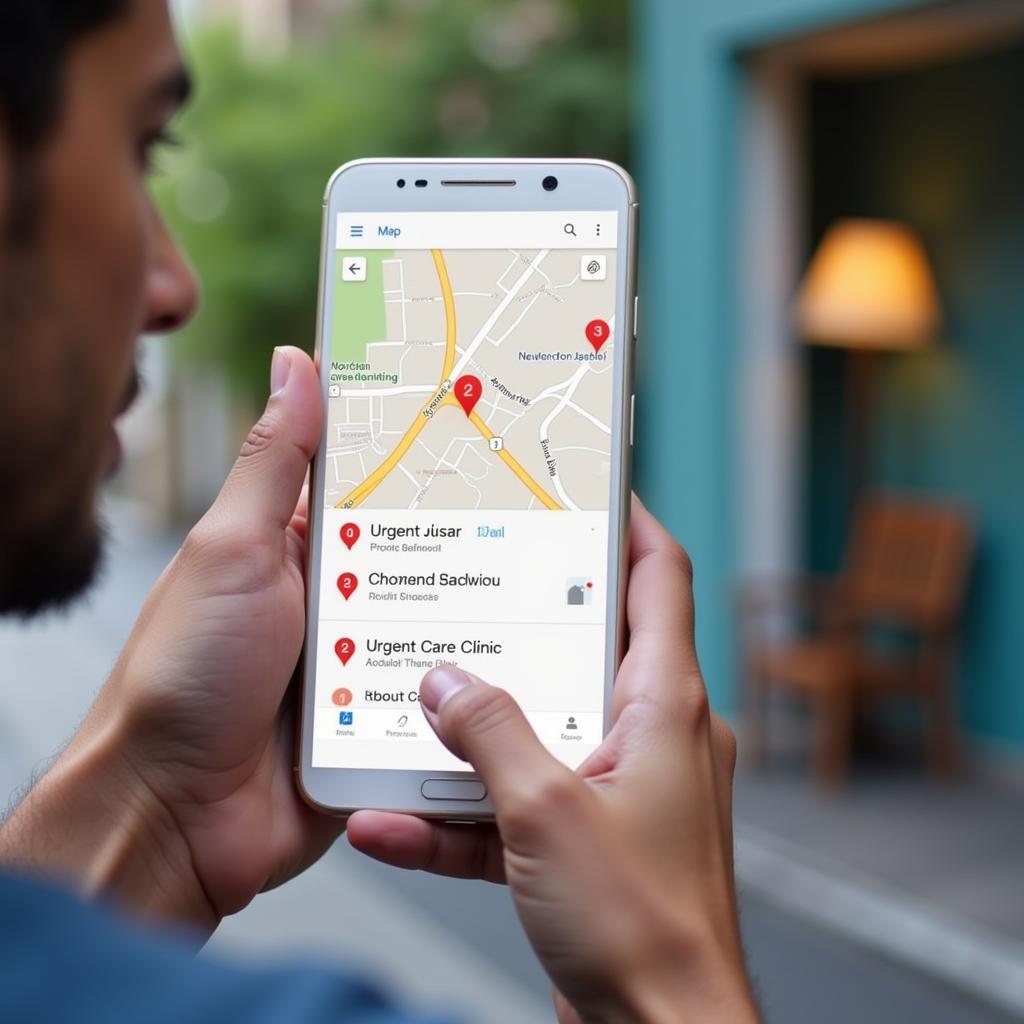 Using a smartphone to search for "urgent care near me"