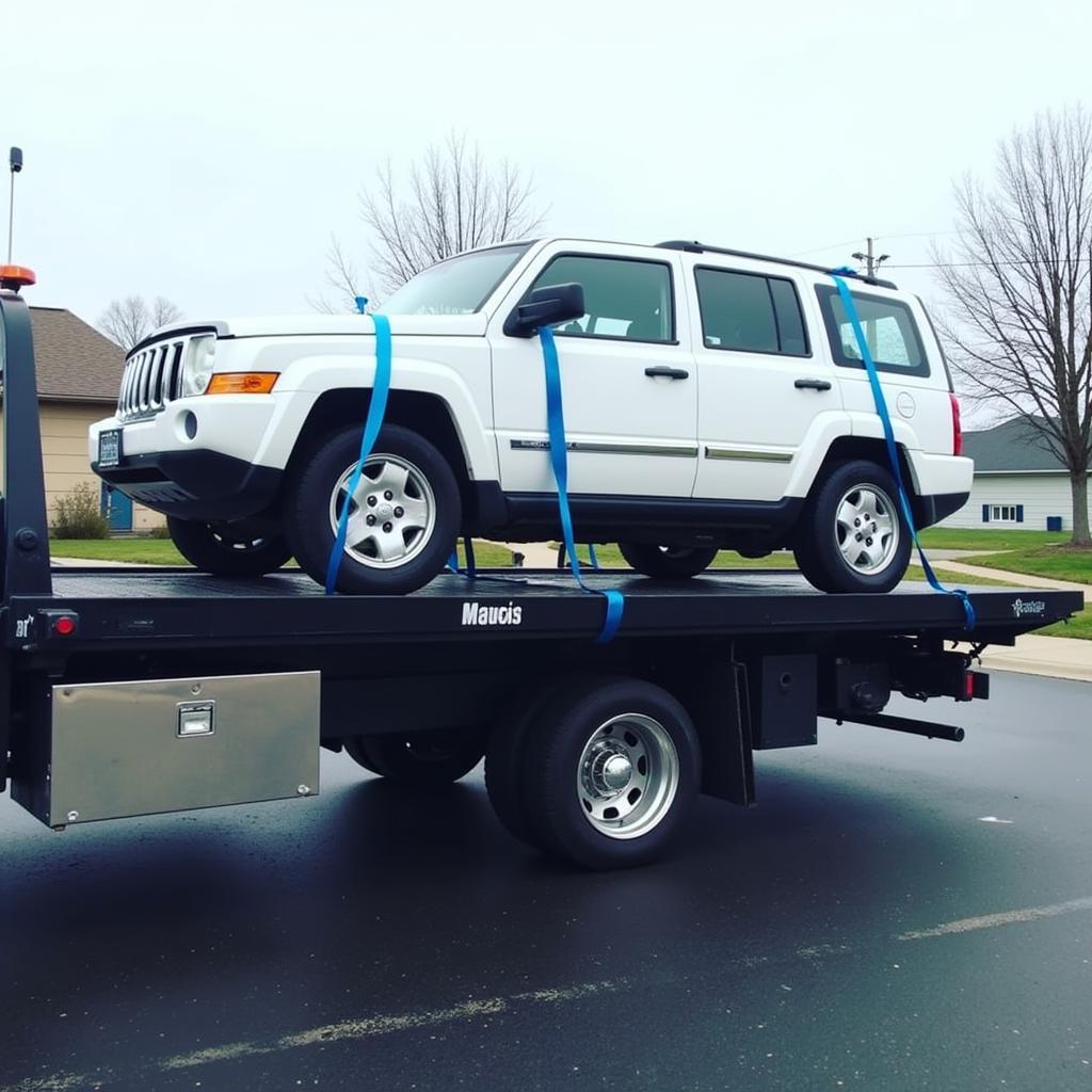 Car being loaded onto a flatbed tow truck