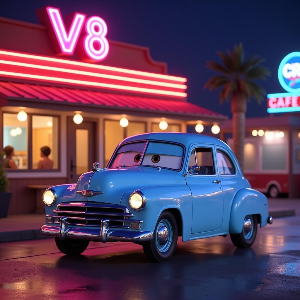 Flo, the owner of Flo's V8 Cafe in Radiator Springs, posing proudly.